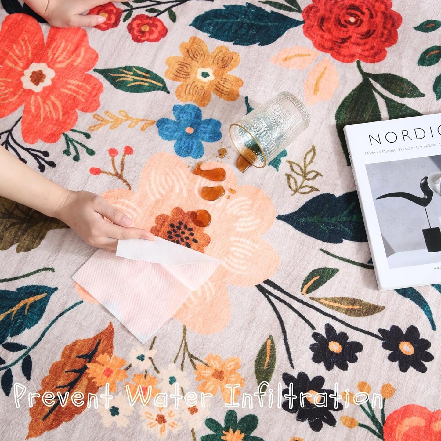 Area Rugs 8x10 Rug for Living Room Clearance Washable Boho Area Rug Non Slip Floral Vintage Low Pile Large Rug for Living Room, Bedroom, Farmhouse, Dining Room, Kids Playroom(Beige)