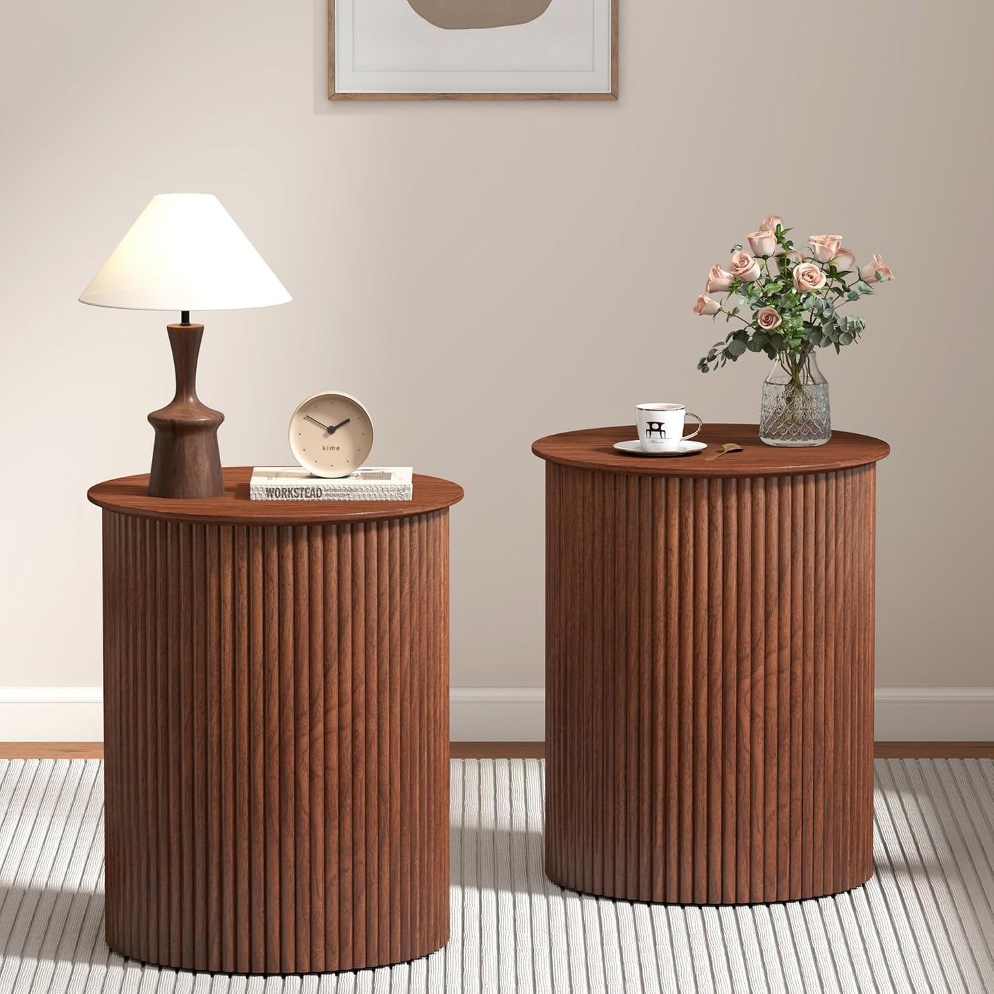 AVZEAR Small Round Side Table Fluted Night Stand Set of 2, 17.7" Mid Century Modern End Table, Circle Bedside Tables Wood Nightstands for Small Spaces, Living Room, Bedroom (Rustic Walnut)