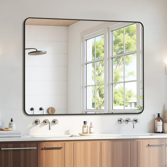 Bathroom Mirror 48" x 36", Large Rectangle Wall Mirror, Black Metal Frame Wall Mounted Mirrors for Bathroom, Vanity, Bedroom, Entryway Decor(Horizontal/Vertical)