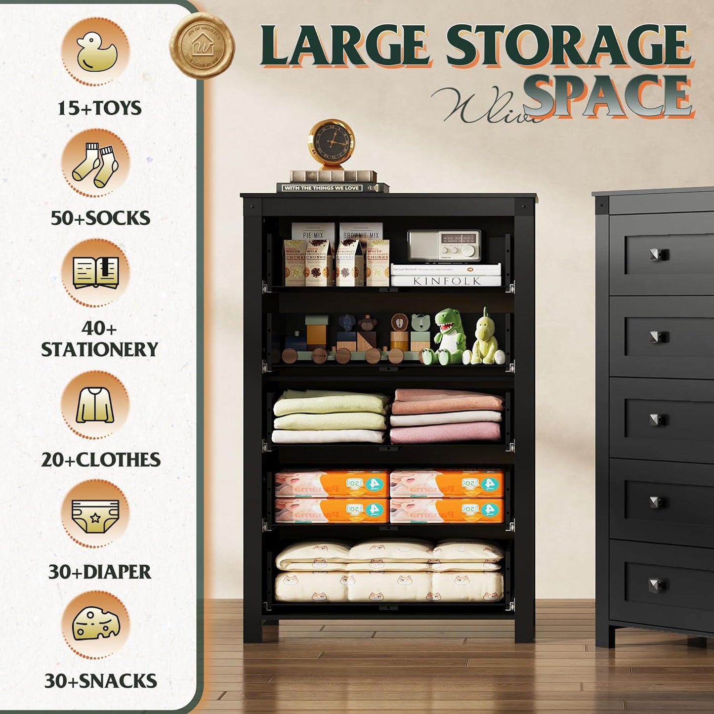 WLIVE Farmhouse 5 Drawer Dresser for Bedroom, Wood Dresser Storage Organizer, Tall Black Dressers with Double Rustic Handle, Chest of Drawers for Living Room, Hallway, Closet