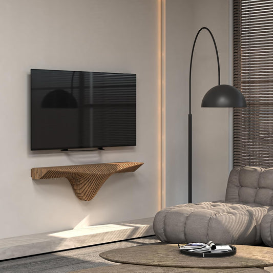 Parametric 50 inch Floating Shelf TV Unit Modern Geometric Wooden Wall Piece Decor Natural Oak Color 3D Wavy Living and Gaming Room Shelf