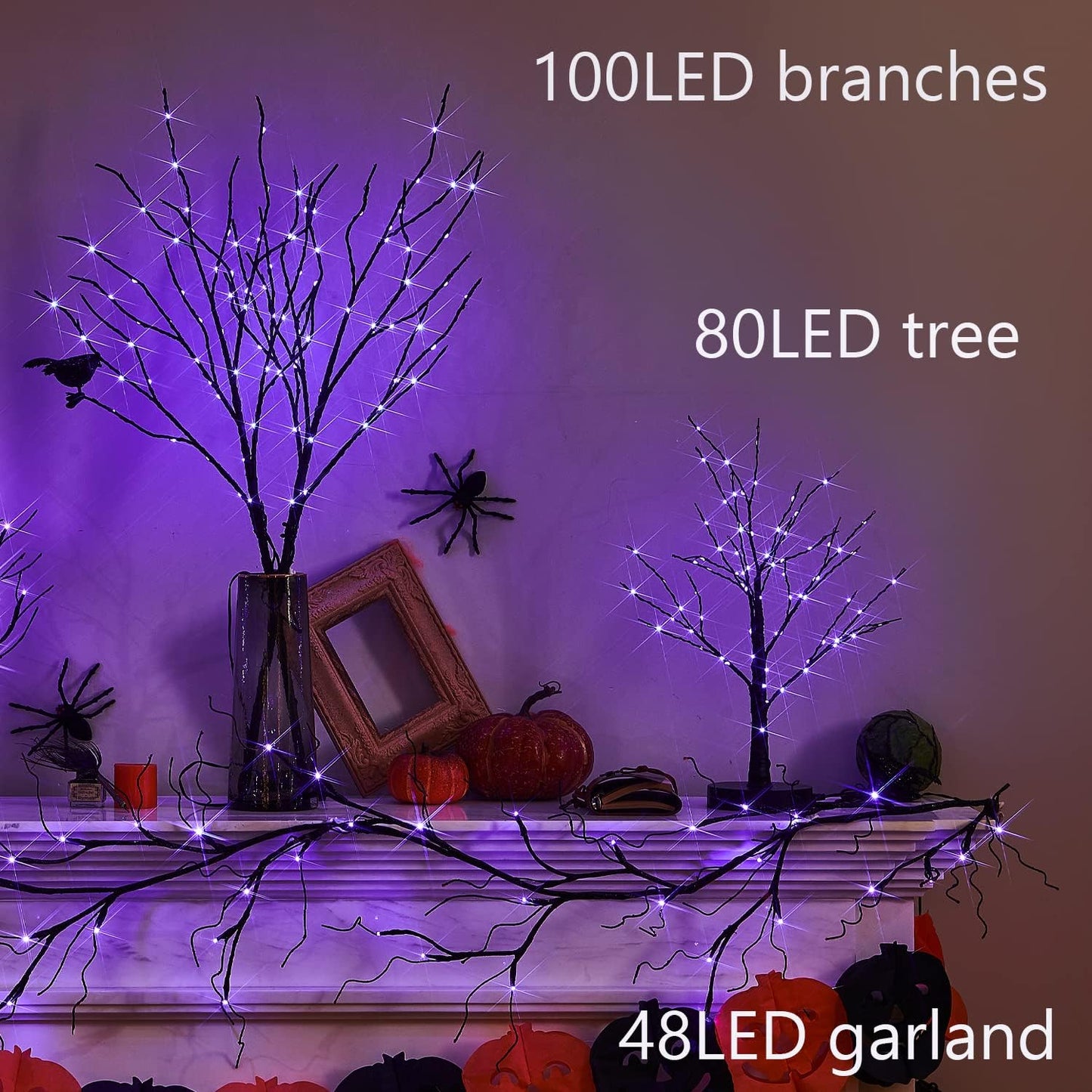 Fudios Lighted Halloween Tree with Timer 80 LED Purple Lights USB Plug or Battery Operated,18in Pre-lit Spooky Black Trees Table Indoor Home Decor
