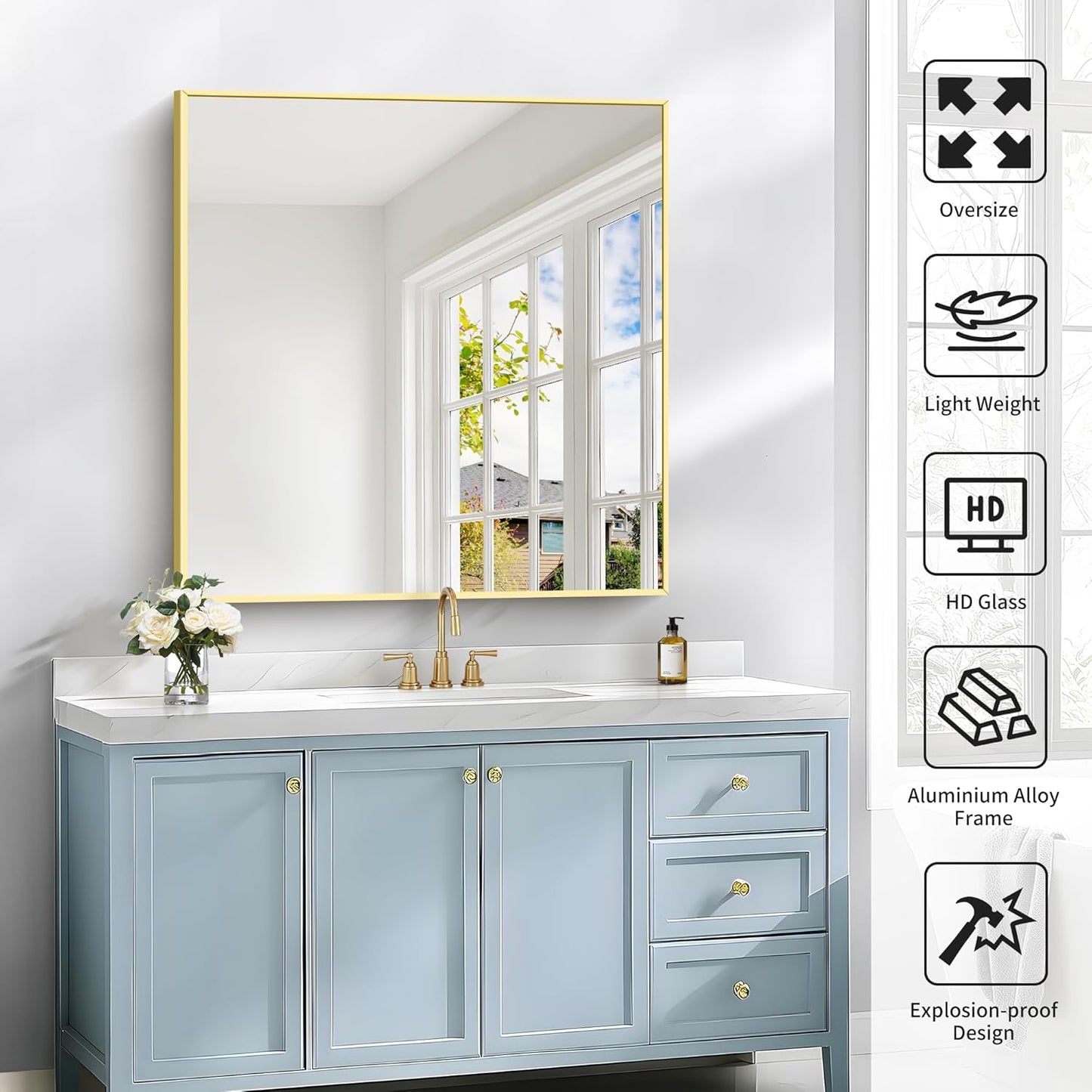 Gold Bathroom Mirror for Wall, 30x30 Inch Rectangle Mirrors with Metal Frame, Modern Vanity Wall Mirror Decor for Bathroom Living Room, Entryway Hangs Horizontal or Vertical