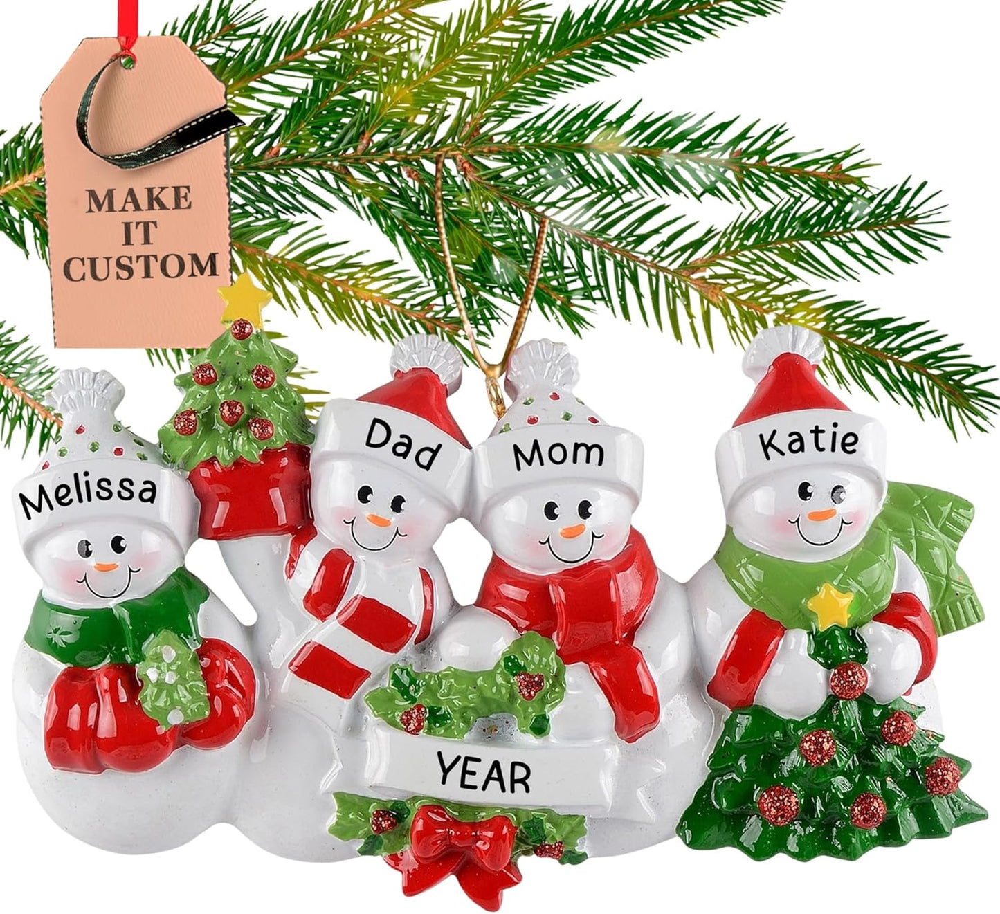 Personalized Family of 4 Ornament 2025 | Free 24h Customization | Laser Engraved Snowman Christmas Ornaments for Tree | Custom Gift Wrapped Festive Holiday Keepsake for Four Persons
