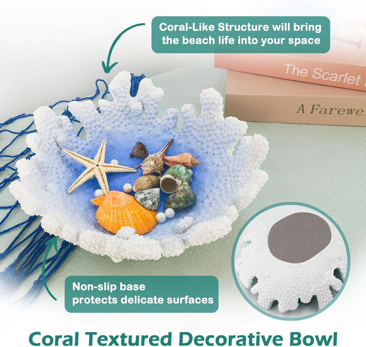 Santorini Blue Coral reef Textured Decorative Bowl,9.45" Medium Resin Decorative Centerpiece Bowl for Coastal Beach theme house table centerpiece decorations & Nautical decorations for coffee table