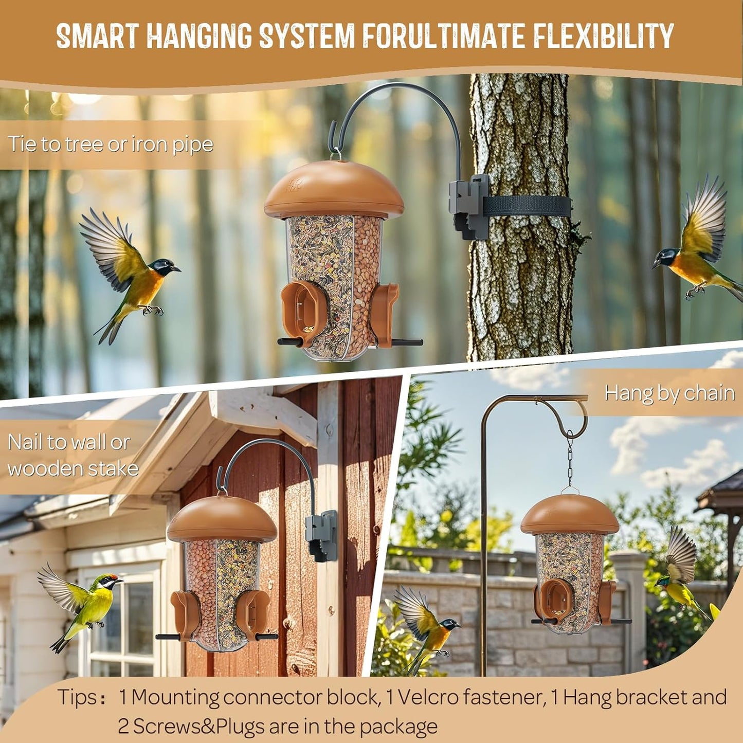 LONA Bird Feeders for Outdoors Hanging – 3 Separate Compartments, 3 Feeding Ports, Weatherproof Dome & 3 Ways to Hang, Large Capacity for Cardinals/Finches (Brown，Plus