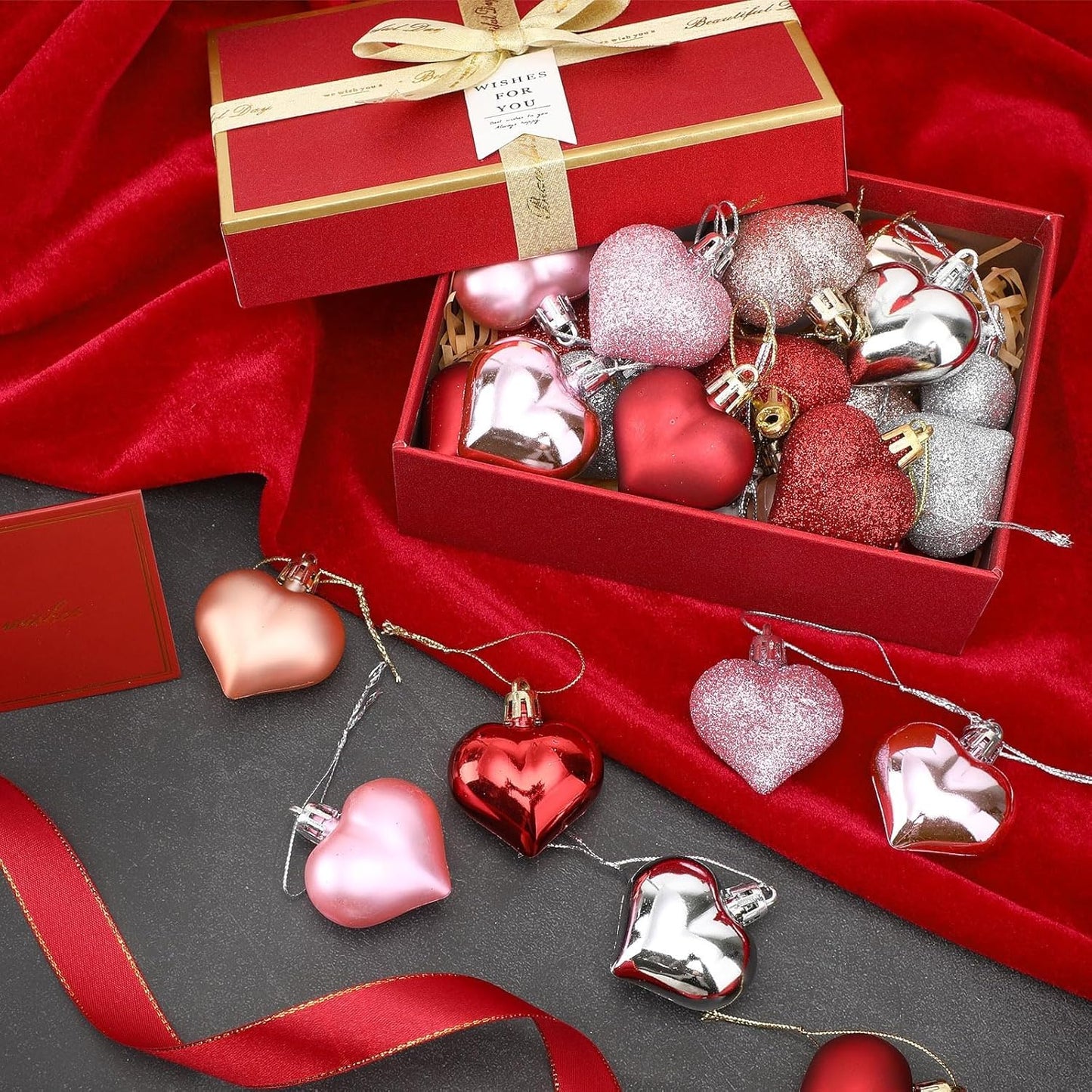 JULMELON 24Pcs Valentine's Day Heart Shaped Ornaments Romantic Valentines Heart Hanging Tree Ornaments Decorations for Home Valentine Tree Wedding Party (Red, Pink,Rose Gold and Silver)