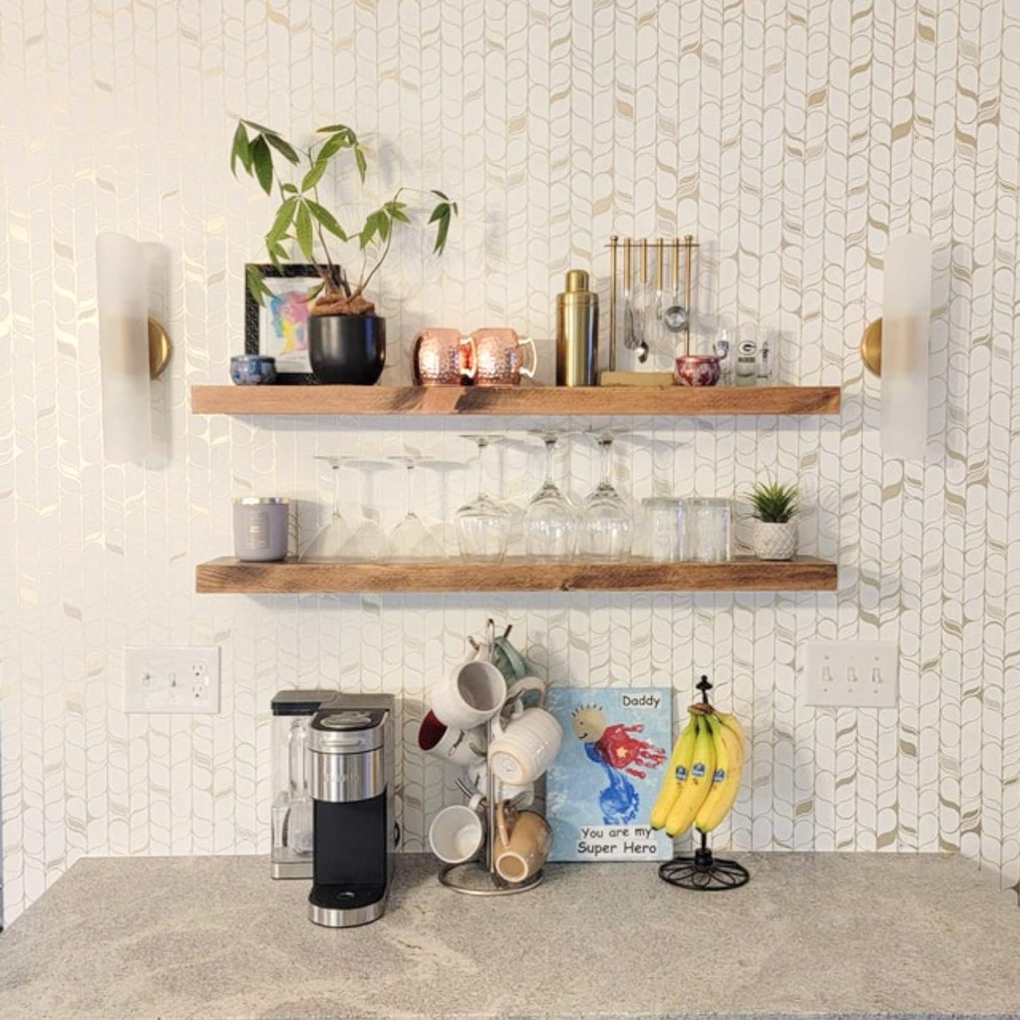 URBANDI, Rustic Floating Shelves, Set of 2, Hidden Bracket, Solid Wood, Heavy Duty, Wall Mounted Shelves, (Brown, 36Wx12D)