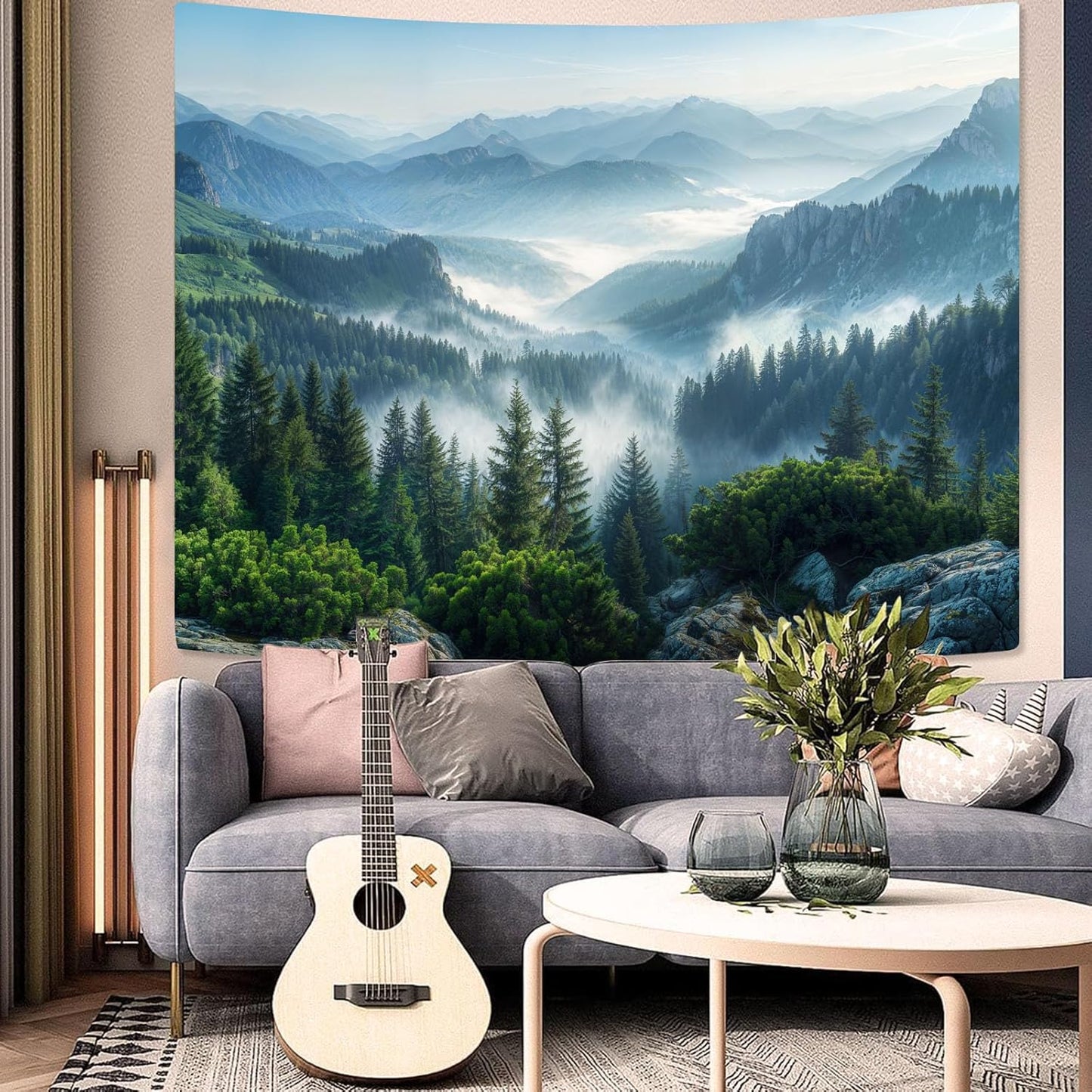 AMM Nature Forest Mountain Tapestry Green Misty Pine Tree Tapestry for Bedroom Aesthetic Foggy Woodlands Sky Landscape Tapestries Wall Hanging for Living Room Dorm 60 x 44 Inch