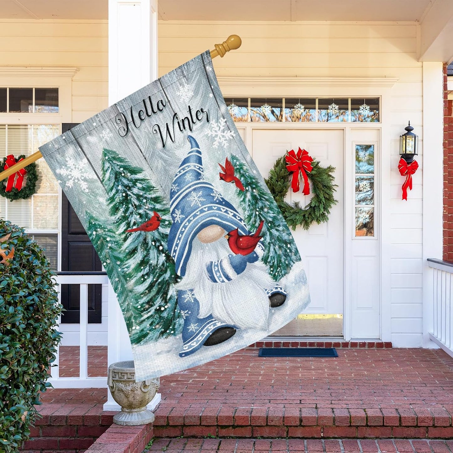Heyfibro Hello Winter Gnome Garden Flag 28x40 Double Sided Burlap Cardinals Snowflakes Snow Yard Banner for Christmas Seasonal Outside Outdoor House Decoration (ONLY FLAG)