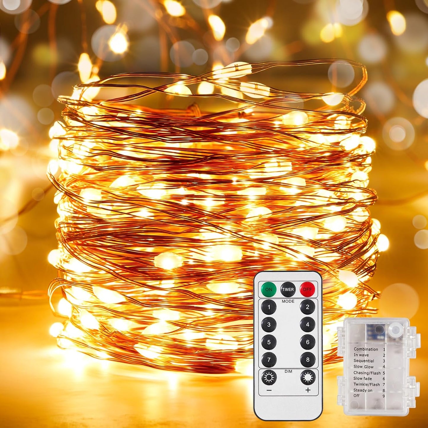 4 Pack 32.8 Ft. Battery Operated Outdoor String Lights with Remote & Timer, LED Warm White Fairy Lights, Waterproof Twinkle Lights for Bedroom, Dorm, Mason Jar, Wedding, Party, Christmas