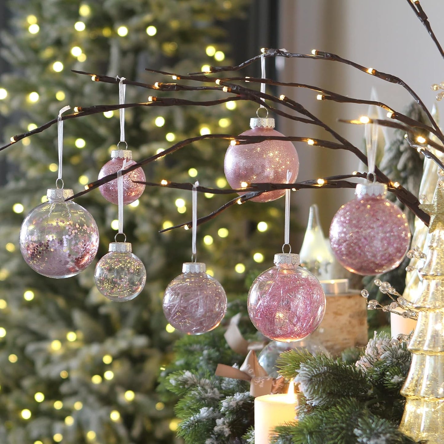 Sea Team 60mm/2.36" Shatterproof Clear Plastic Christmas Tree Ball Ornaments Set, Decorative Hanging Transparent Xmas Baubles with Stuffed Delicate Decorations (30 Counts, Pink)