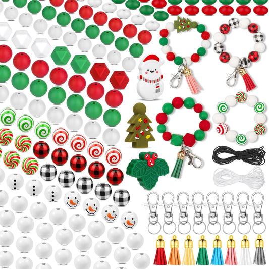 217 PCS Christmas Silicone Beads Bulk, 15mm Silicone Beads Xmas Christmas Wooden Beads Candy Cane Wood Beads Loose Rubber Beads Abacus Focal Beads for Keychain Necklace Making Pens Crafts Ornament