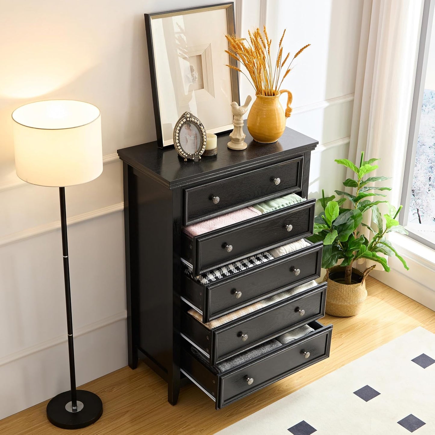 BLANKSPACE Black 5 Drawer Dresser, Modern Dresser for Bedroom, Wood Drawer Organizer with Metal Knobs, Large Capacity Wood Cabinet for Bedroom, Closets, Hallway