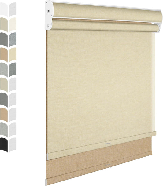 BERISSA Cordless Dual Roller Shades with Cassette Valance, Blackout and Light Filtering Shades for Home Office Door. Linen Beige. 62 W x 72" H