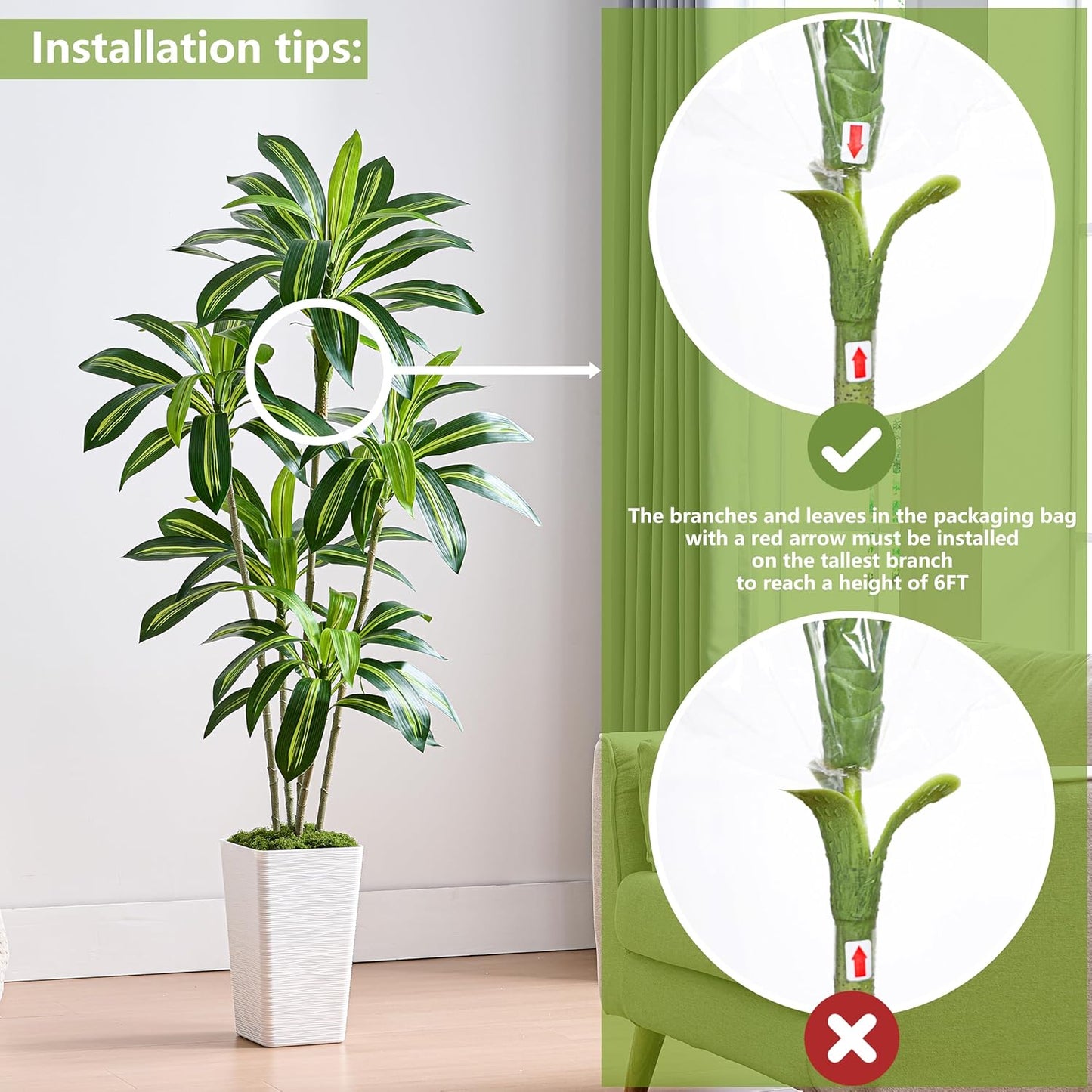 Artificial Dracaena Tree Artificial Silk Tree Faux Tree Fake Tropical Yucca Floor Plant with White Tall Planter (1, White Tall Planter, 6FT)