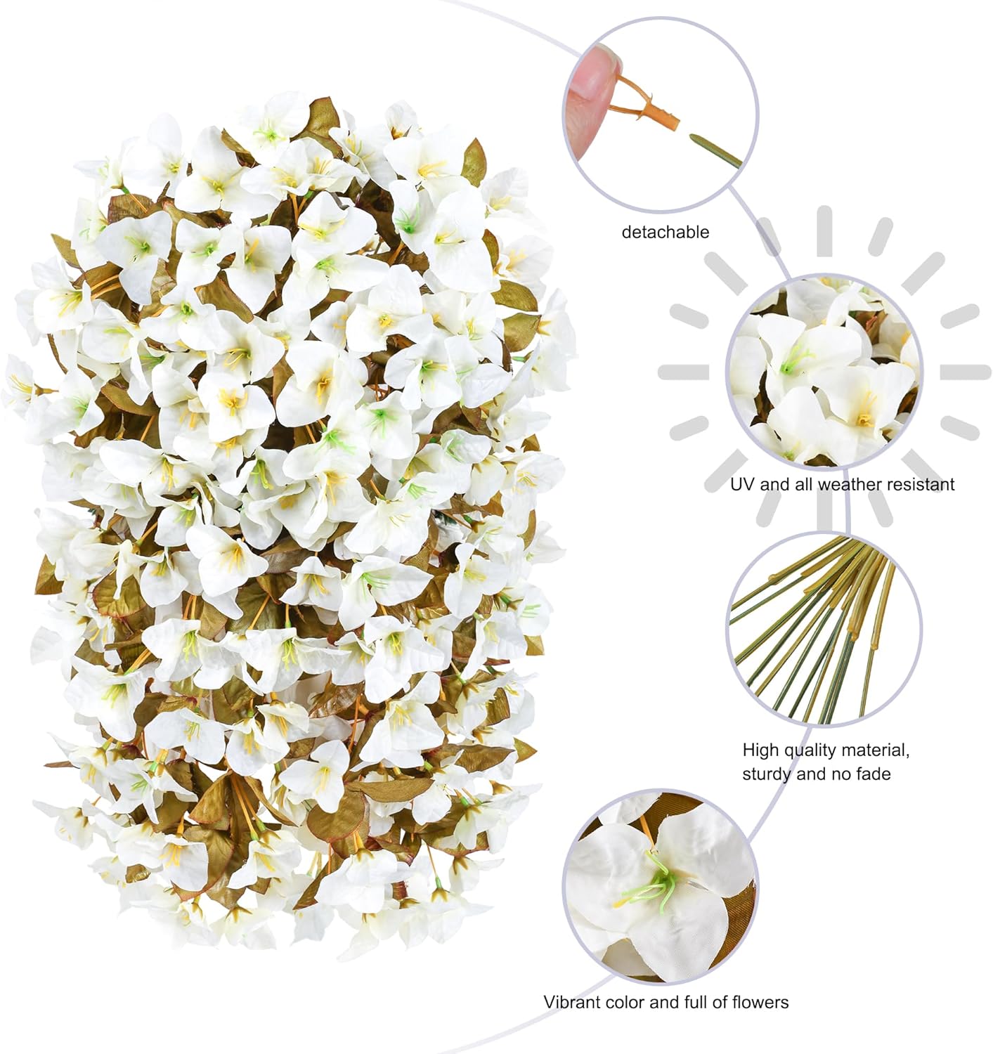 Bougainvillea Artificial Flowers Plants for Outdoors Outside Fall Autumn Decoration, 2 pcs Faux Silk Long Trailing Vines UV Resistant Look Real White Fake Flowers for Front Door Porch Planter Urn Yard