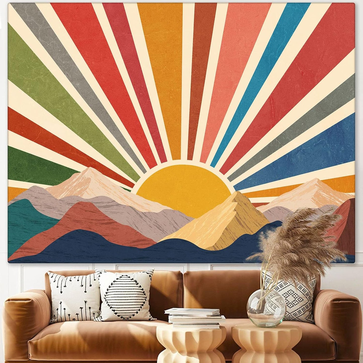 Aipon Vintage Sun Tapestry for Classroom Rainbow Boho 70s Sunshine Sunset Tapestries Wall Hanging Aesthetic Retro Tapestrys for Living Room Dorm (Yellow, 48'' × 36'')