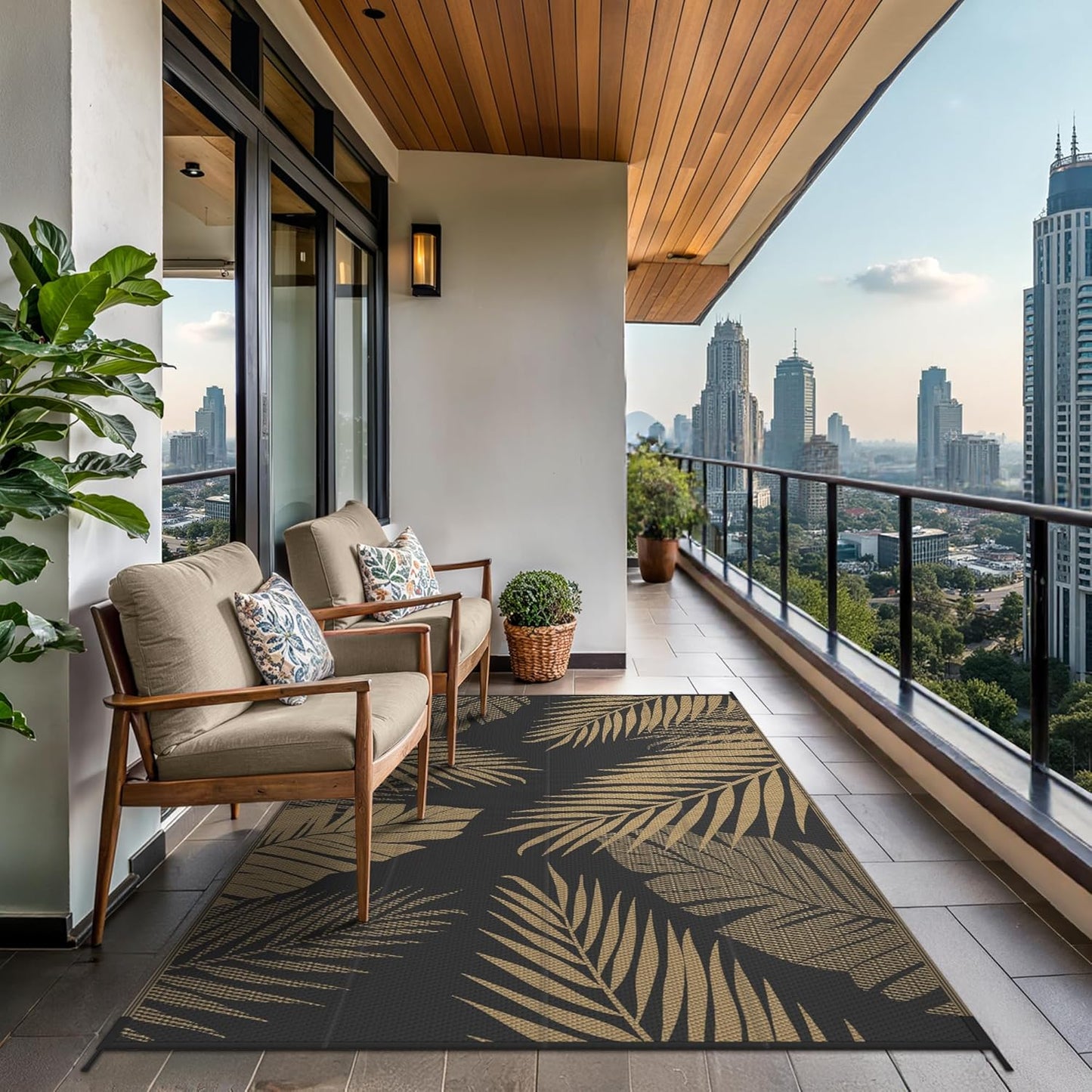 GENIMO Outdoor Rug 6' x 9' Waterproof for Patios Clearance, Reversible Outdoor Plastic Straw Camping Rug Carpet, Large Area Rugs Mats for RV, Camper, Deck, Balcony, Porch, Beach, Picnic, Black&Brown