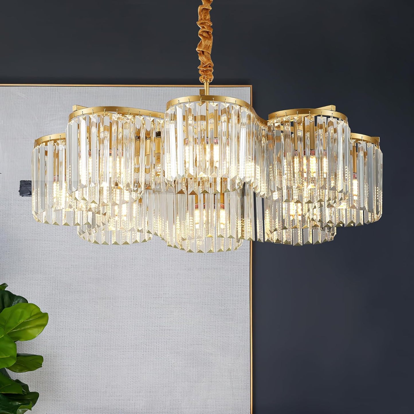 30.3“ Gold Semi Flush Mount Ceiling Light Fixtures, 8-Light Gold Modern Crystal Chandelier Height Adjustable Pendant Lighting for Bedroom Entryway Hallway Kitchen Island Living Room Foyer