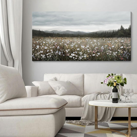 HGUAOA Vintage Landscape Wall Art for Bedroom and Living Room - Large Floral Artworks Farmhouse Wall Decor - Framed Neutral Nature Pictures - Above Bed Decor with Mountain Scenery 24×48IN