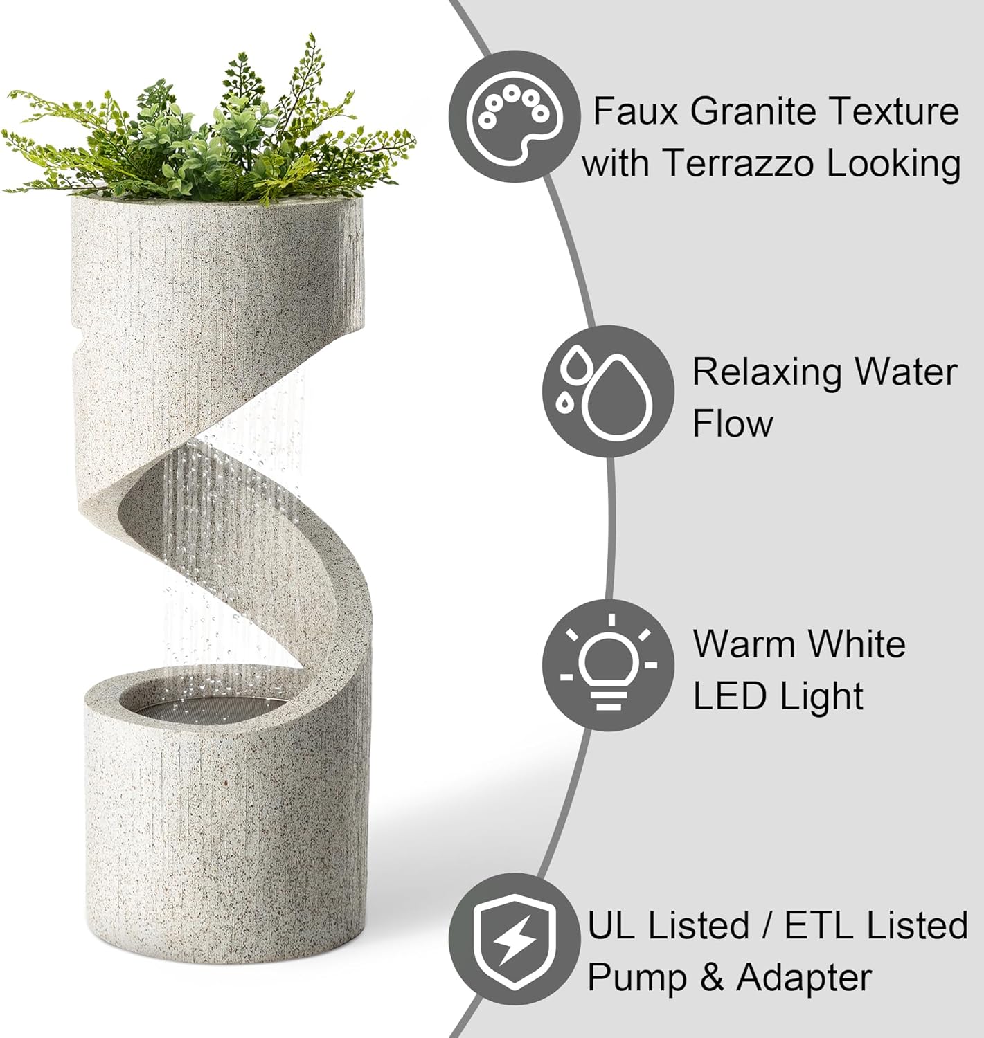 Glitzhome Decorative Tiered Outdoor Water Fountain with LED Light, Curved Waterfall Fountain with Stone Planter, Faux Terrazzo Spiral Shaped Fountains for Garden Deck Patio Porch, 31.25”H