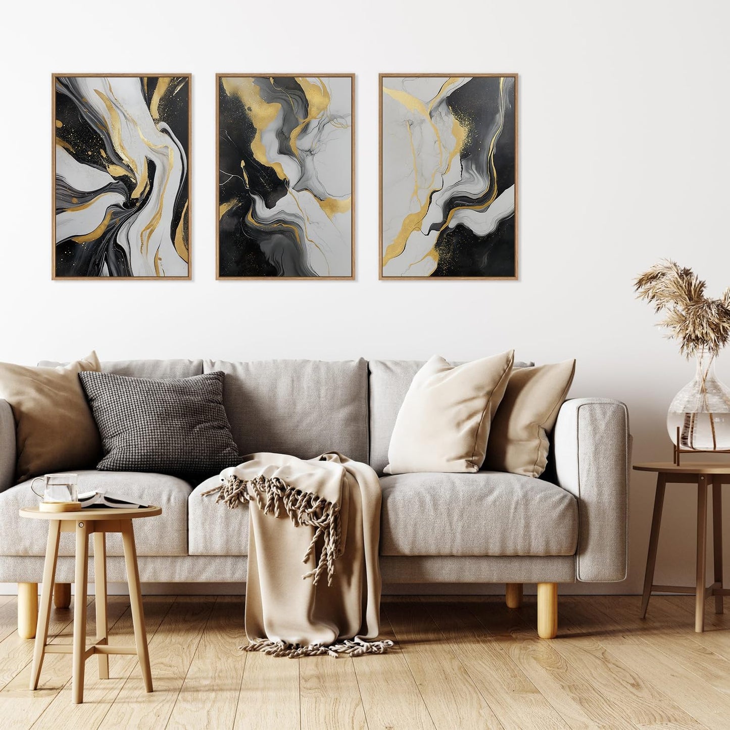 HLNIUC Abstract Gold and Black Framed Canvas Wall Art,Large Neutral Black and White Wall Decor Set of 3(16”x24”)Modern Gold Foil Framed Painting,Textured Marble Fluid Art Print for Living Room,Bedroom