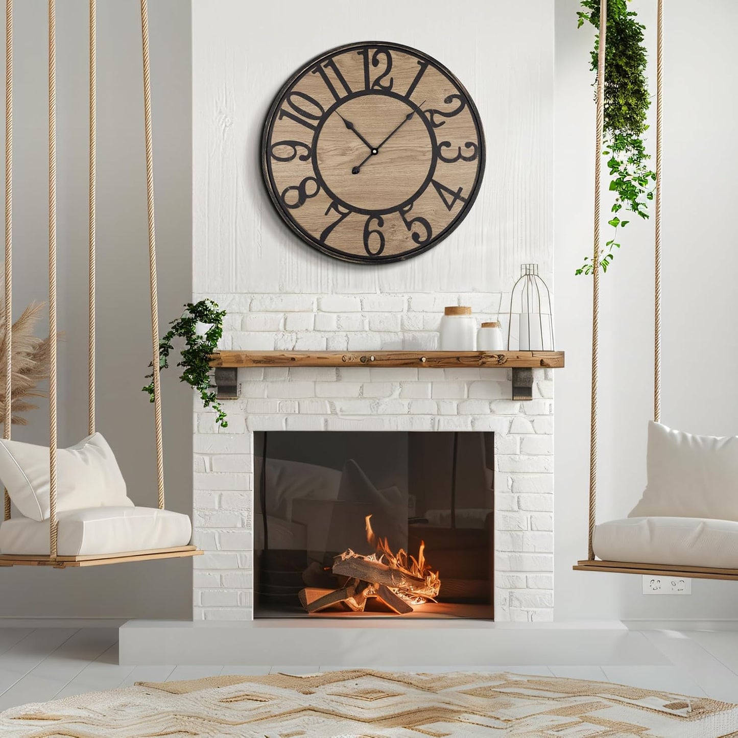 Large Wall Clock for Living Room Decor, Non Ticking Silent, Battery Operated Modern Vintage Wood Oversized Decorative Wall Clock for Bedroom Kitchen Farmhouse Office Decor