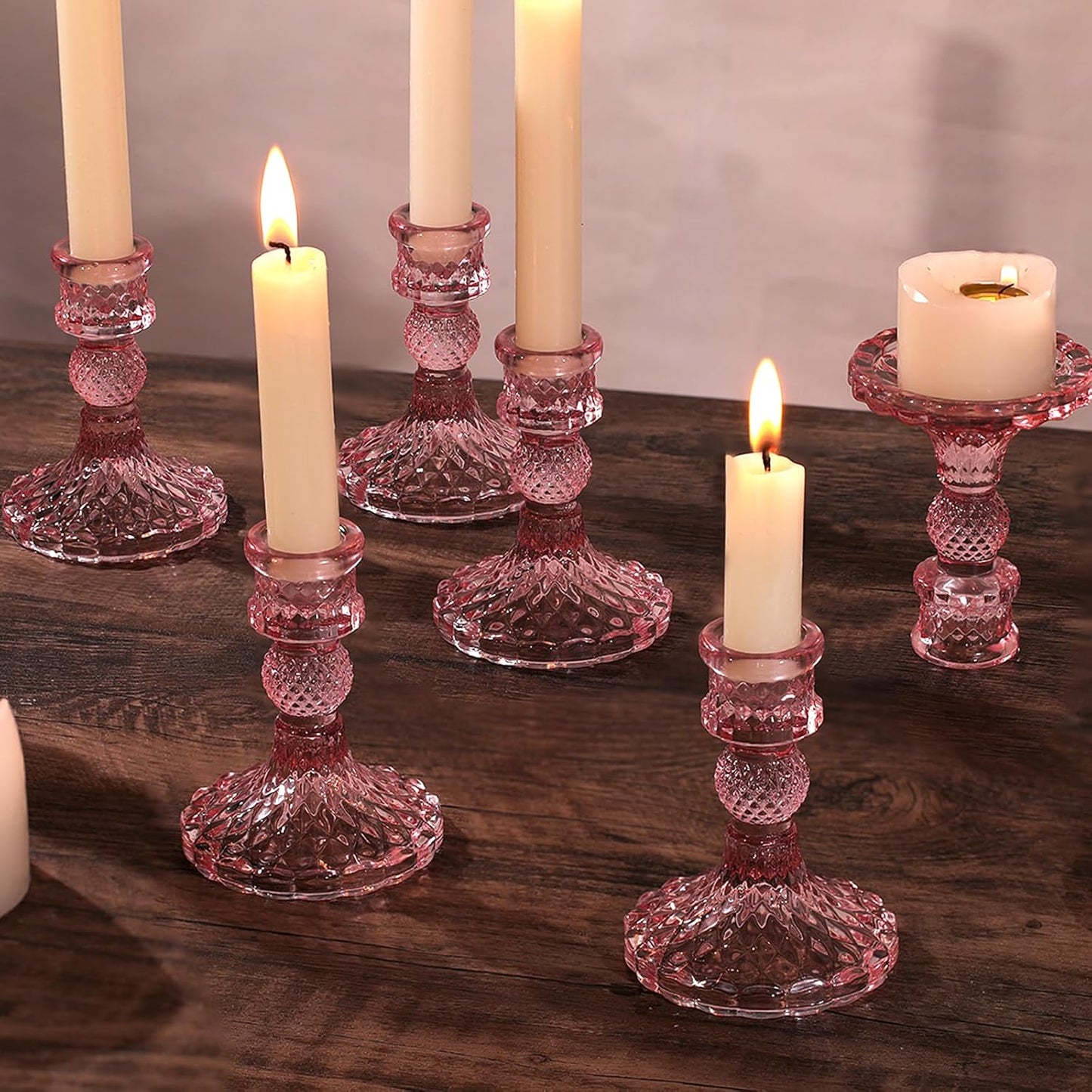12Pcs Pink Candlestick Holders Set- 4" H Taper Candle Holders Bulk, Glass Candle Holders for Wedding, Party, Romantic Dinner Table Centerpieces, Festival Gifts & Windowsill Decor