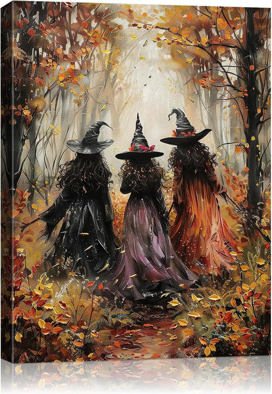 Halloween Canvas Wall Art, Vintage Three Witches Poster, Gothic Dark Academia Wall Decor, Spooky Halloween Decor for Living Room, Bedroom & Bathroom, Framed Fall Decorations Indoor