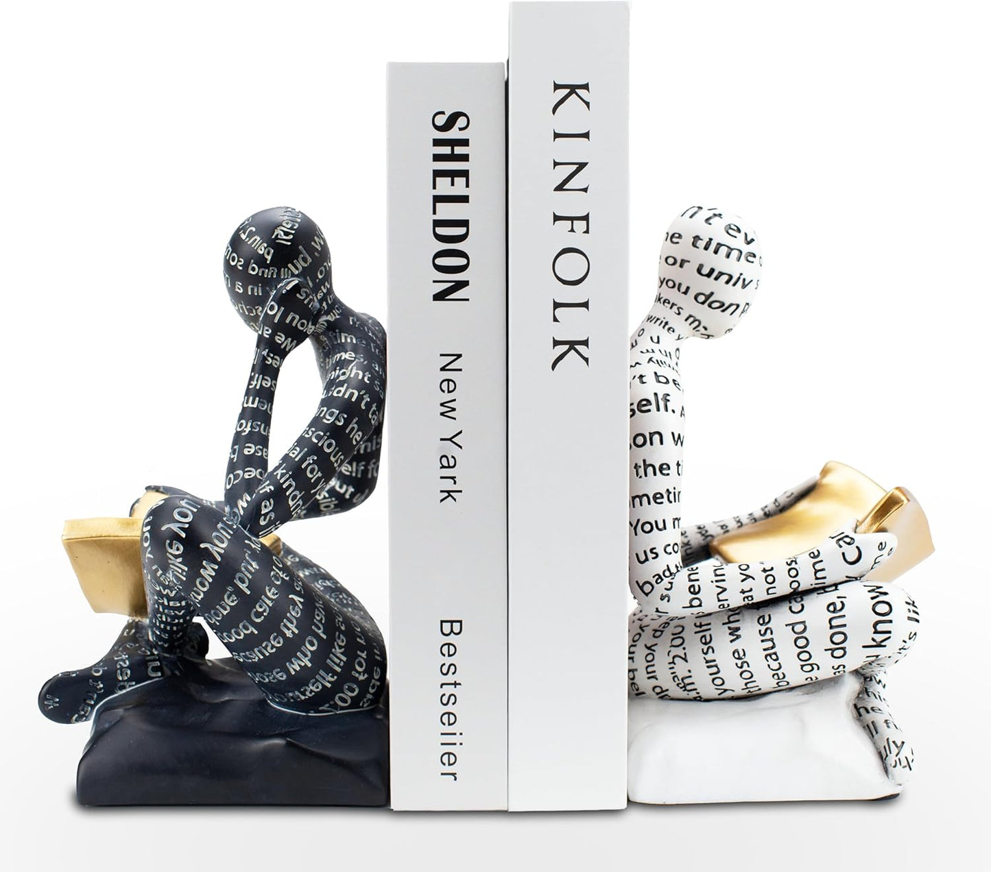 Heavy Duty Book Ends for Shelves, Thinker Decorative Bookends for Heavy Books, Unique Book Stoppers to Hold Book, Bookshelf Accessories, Modern Home Office Decor Aesthetic Black & White