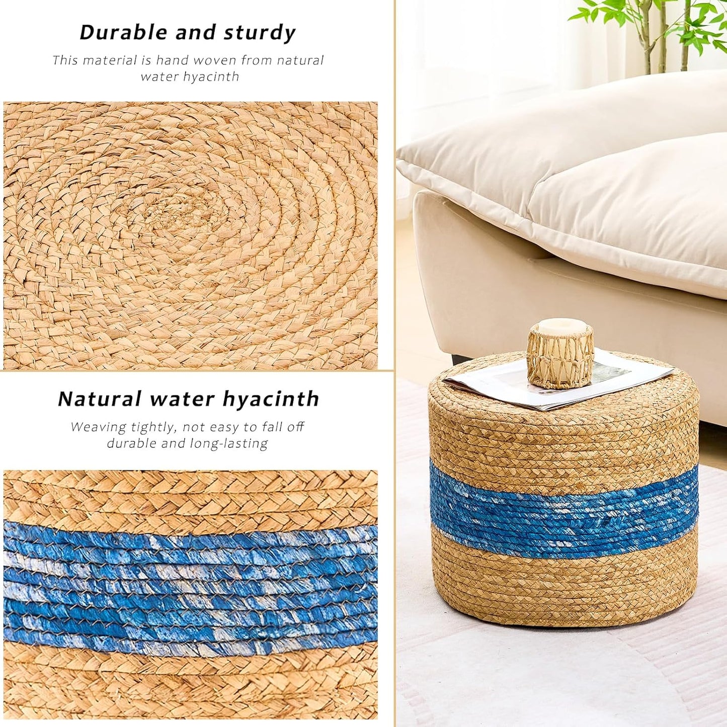 Handwoven Water Hyacinth Ottoman Pouf, Round Outdoor Footstool with Sturdy Frame, No Assembly Needed, Boho Accent Stool for Indoor & Outdoor Use – Patio, Balcony, Living Room (Blue)