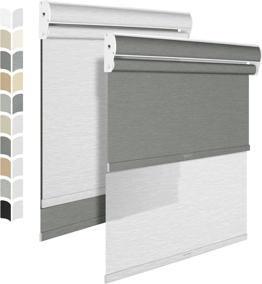 BERISSA Cordless Dual Roller Shades with Cassette Valance, Double Window Shades - Blackout and Light Filtering, Day and Night for Home Office Door - Grey and White, 60 W x 56 H