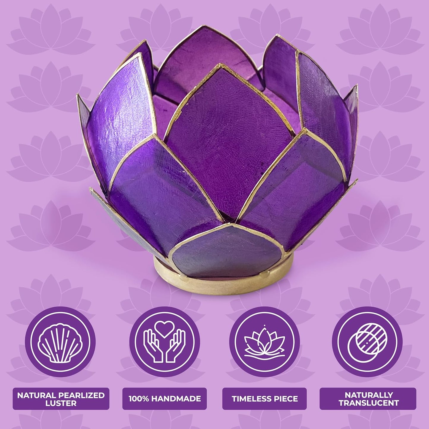 Blooming Lotus Capiz Shell Tealight Candle Holder, Handcrafted Decorative Tea Light Candleholder with Translucent Flower Petals for Ambient Illumination and Natural Elegance, Purple