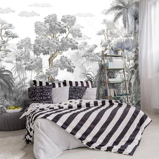 -Tropical Rainforest Botanical Grey Jungle Forest Fabric Wallpaper Living Room Palm Leaf Plant Bedroom Bathroom Wall Mural- 91"x65"（ not Peel and Stick）