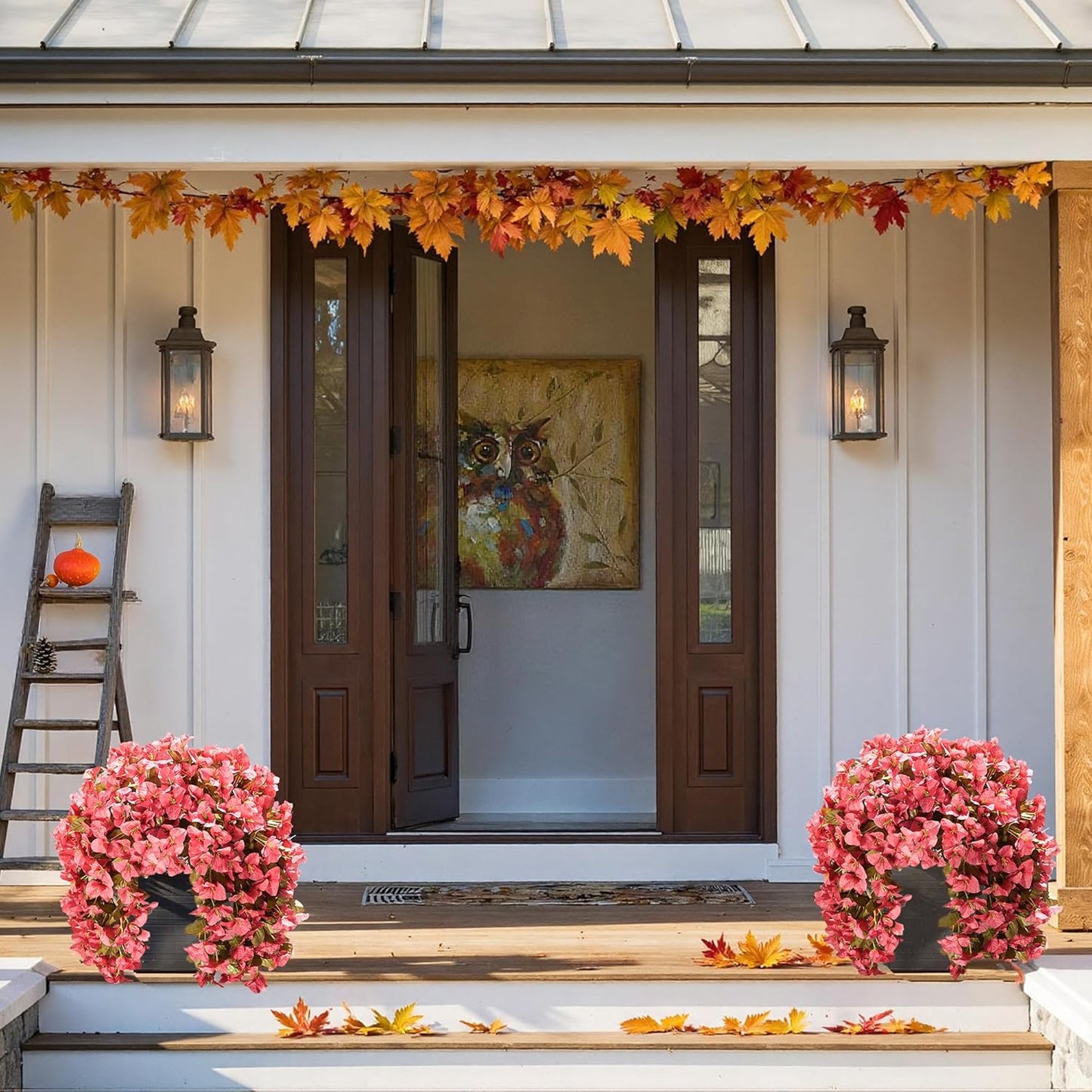 Bougainvillea Artificial Flowers Plants for Outdoors Outside Fall Autumn Decoration, 2 pcs Faux Silk Long Trailing Vines UV Resistant Look Real Red Fake Flowers for Front Door Porch Planter Urn Patio