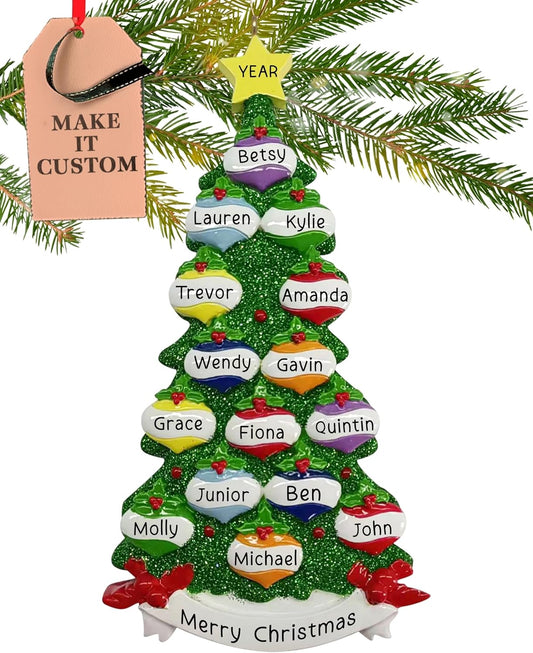 Personalized Large Family of 15 Ornament 2025 | Free 24h Customization | Christmas Ornaments for Tree | Custom Gift Wrapped Green Glitter Keepsake for Fifteen Persons