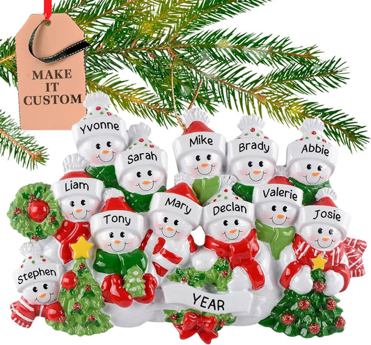 Personalized Large Family of 12 Ornament 2025 | Free 24h Customization | Laser Engraved Snowman Christmas Ornaments for Tree | Custom Gift Wrapped Festive Holiday Keepsake for Twelve Persons
