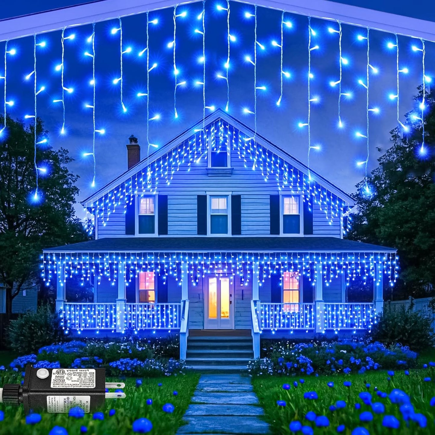 99ft Blue Christmas Lights Outdoor, 1216 LED Icicle Lights for Outside House with Clear Wire 8 Modes Timer, Plug in Waterproof for Home Holiday Eaves Yard Party Tree Room Wall Indoor Decoration