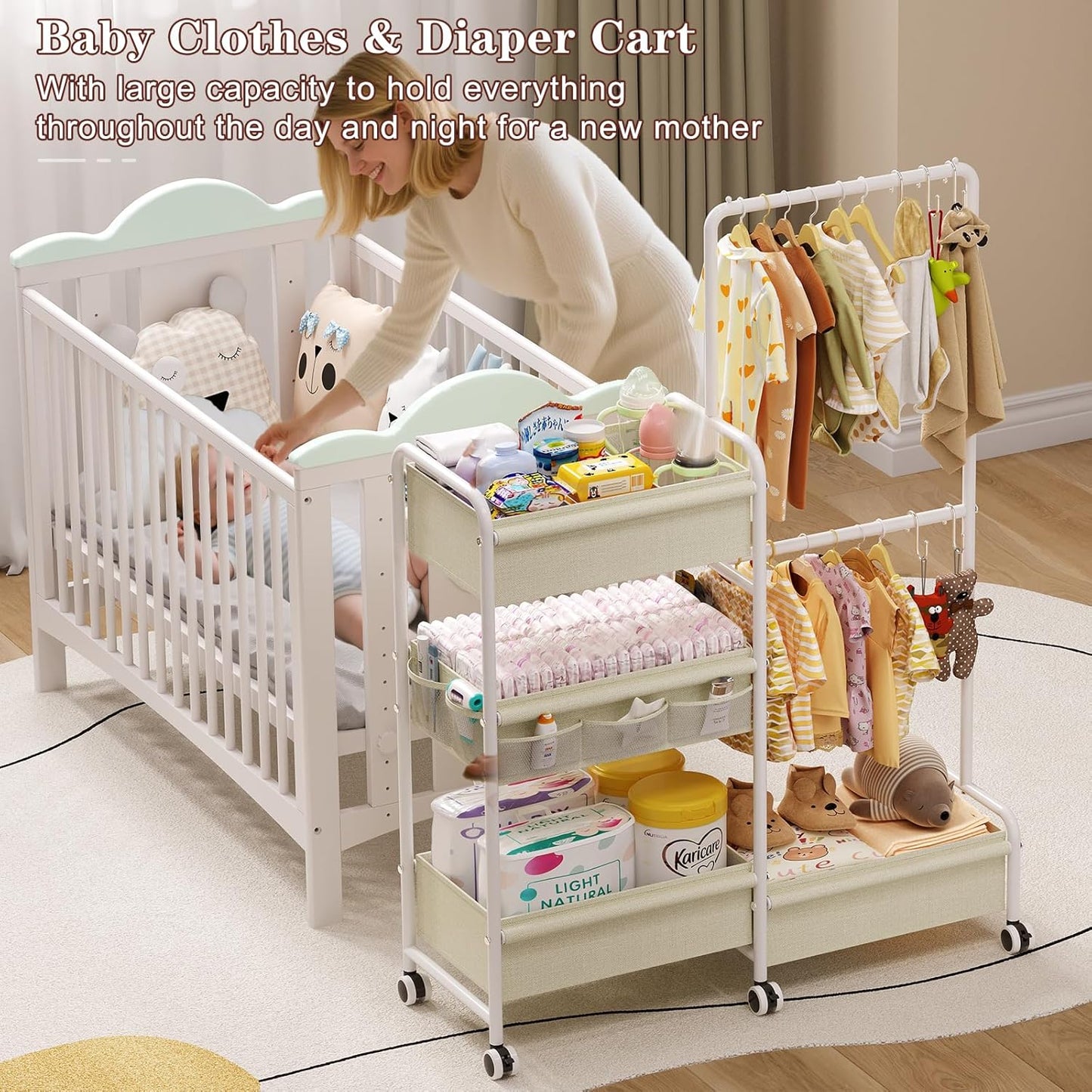 2in1 Baby Diaper Caddy & Clothes Organizer and Storage Rolling Cart, Large Capacity Nursery Organization For Baby Dresser,Changing Table, Crib, With 2 Dividers & 7 Pockets,White