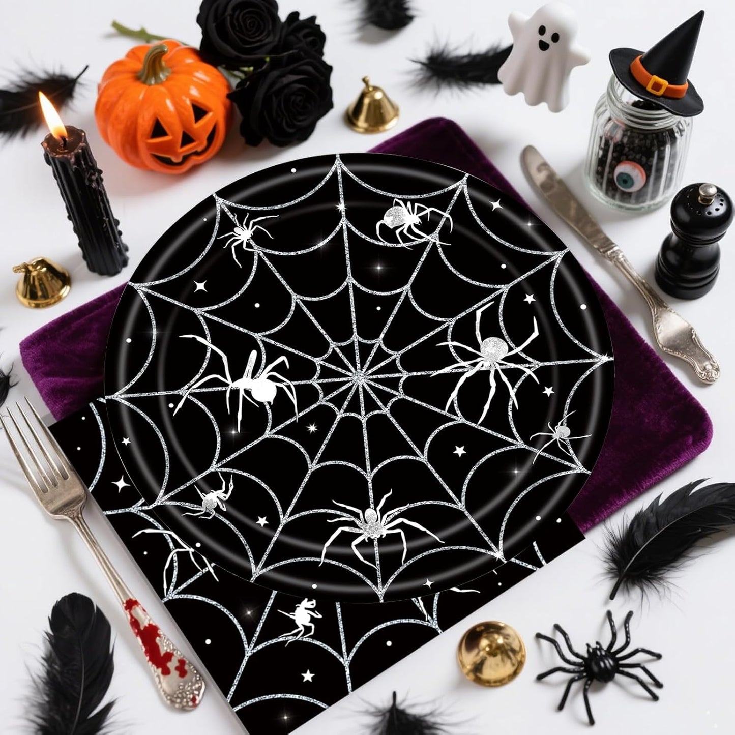 40Pcs Halloween Paper Plates and Napkins Party Supplies, Spider Web Plates Napkins Disposable Dinnerware Set for Spooky Halloween Party Decorations