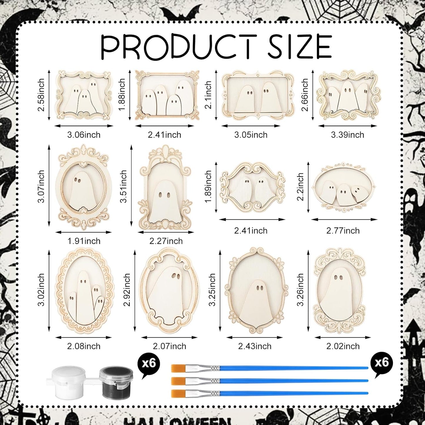 12 Set Wood Ghost DIY Frames Decorating Craft with Paint and Brush Unfinished Wooden Gift Ornaments Cute Ghost for Halloween Craft Art Party Supplies, Not Include Glue (Cute Style)