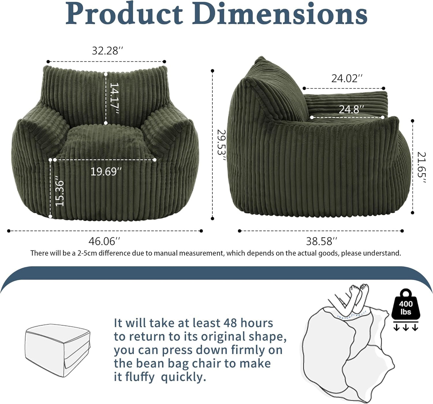 Giant Plush Bean Bag Chair for Adults with Armrests - Oversized Comfy Green Beanbag Lounge Lazy Floor Sofa Accent Chair for Living Room, Bedroom & Dorm, Cozy Fluffy Single Cloud Mini Couch