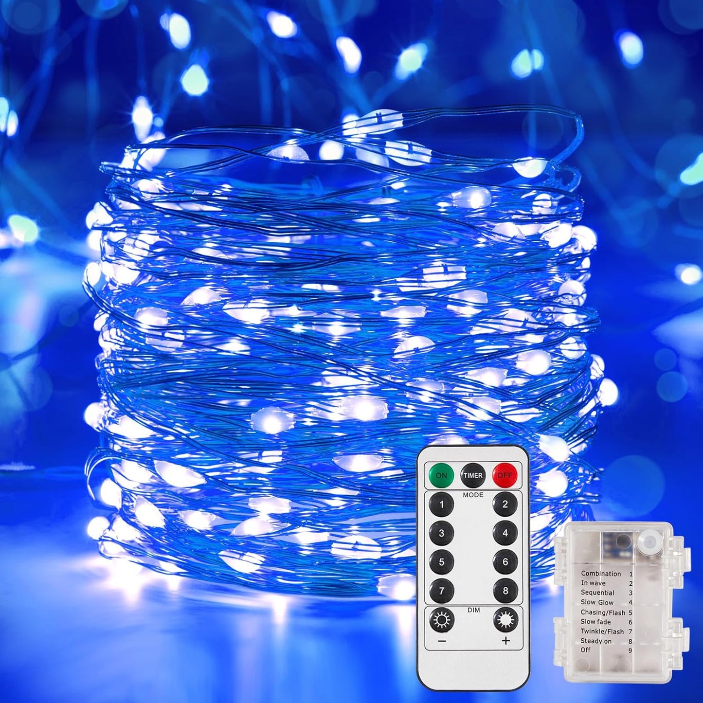 2 Pack 65.6 Ft. Battery Operated Outdoor String Lights with Remote & Timer, LED Blue Fairy Lights, Waterproof Twinkle Lights for Bedroom, Dorm, Mason Jar, Wedding, Party, Christmas