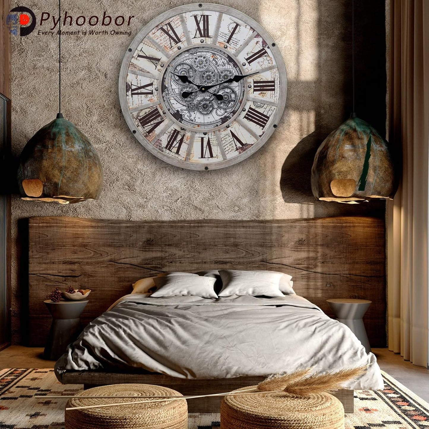 Unique Moving Gear Large Wall Clock 21inch-Battery Powered. Retro Industrial Steampunk Country Farmhouse Decor for The Living Room Kitchen Bars cafes Offices(whith/metal/21)