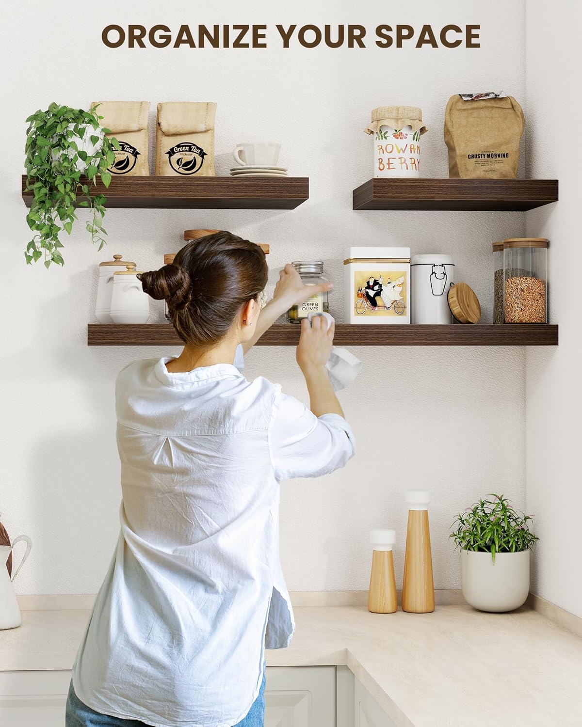 Marsmiles 55" Floating Shelves for Wall, Wooden Shelves with Invisible Brackets Set of 2, Rustic Farmhouse Wall Mounted Shelf for Kitchen Bathroom Living Room Study, Walnut