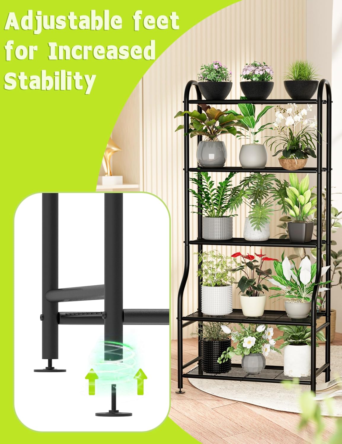 5-Tier Metal Plant Stand Indoor Outdoor, Waterproof Flower Stand for Multiple Pots, Heavy Duty Plant Stands for Living Room Patio Garden Decor, Tall Plant Shelf with Leveling Feet, Black