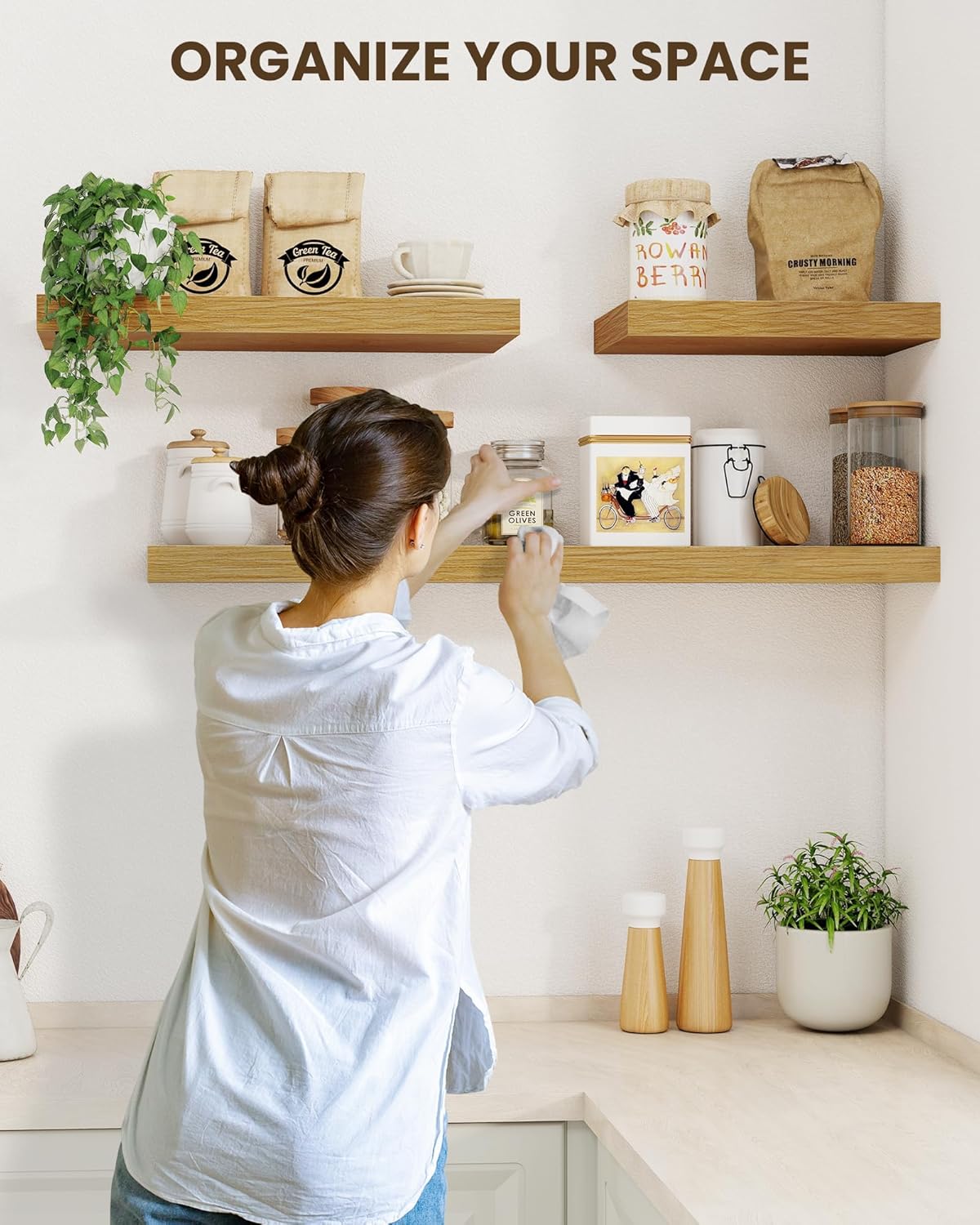 Marsmiles 31.5" Floating Shelves for Wall, Wooden Shelves with Invisible Brackets Set of 2, Rustic Farmhouse Wall Mounted Shelf for Kitchen Bathroom Living Room Study, Natural Oak