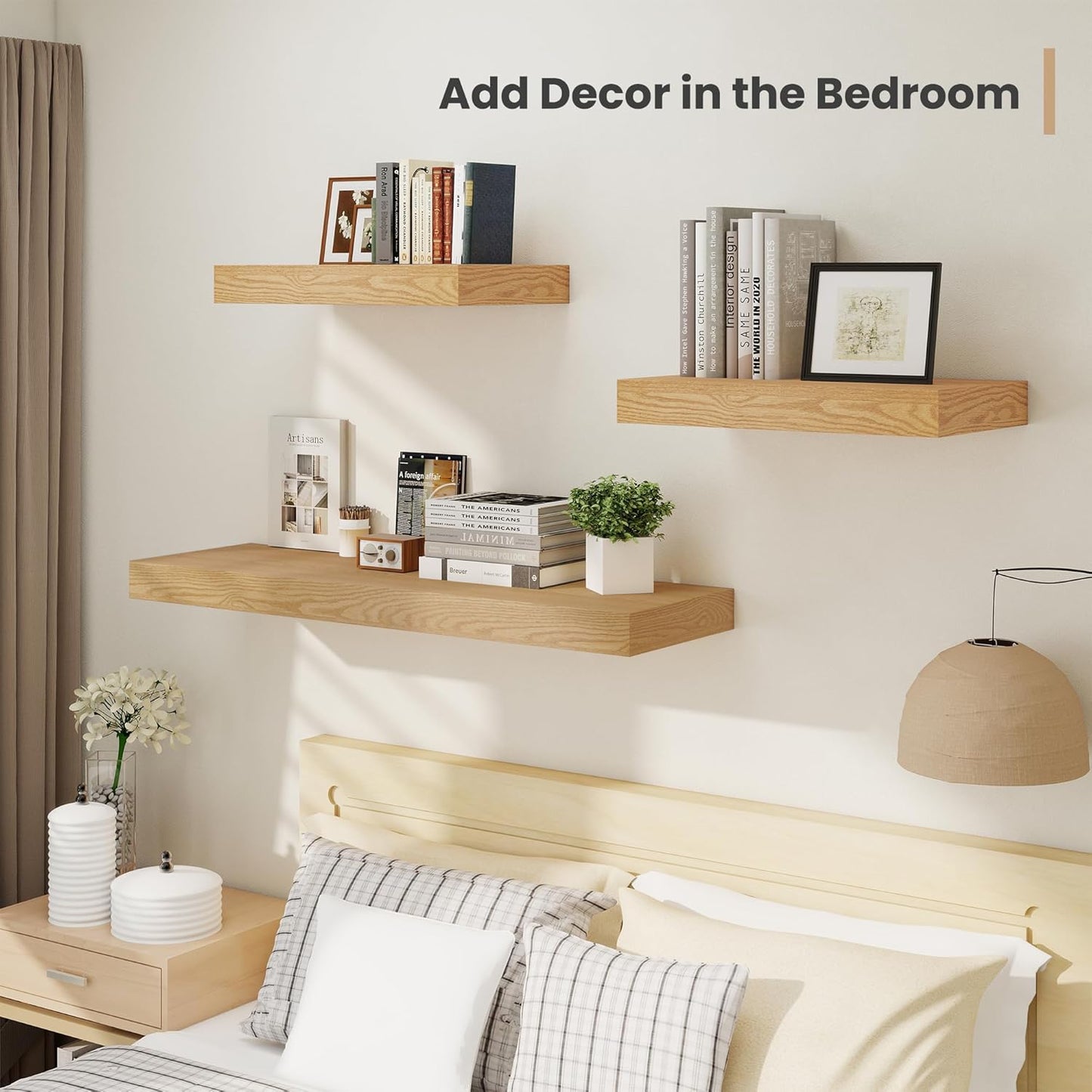 Heimlove 24 x 12 Inch Deep Floating Shelves Wall Mounted with Invisible Brackets,Storage Hanging Shelf for Wall Decor in Bathroom, Bedroom, Toilet, Kitchen, Living Room, Office Set of 2 (Oak)