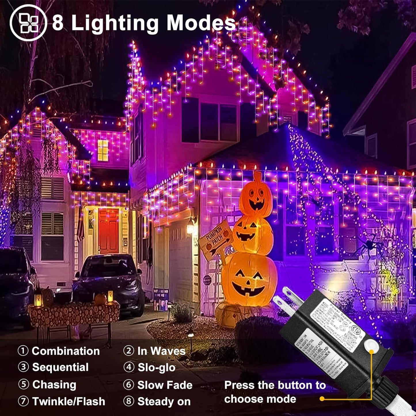 33ft Halloween Lights Outdoor, 400 LED Icicle Lights for Outside, Orange and Purple Twinkle Christmas Light with Connectable Clear Wire 8 Modes Timer Waterproof for House Party Tree Holiday Yard Decor